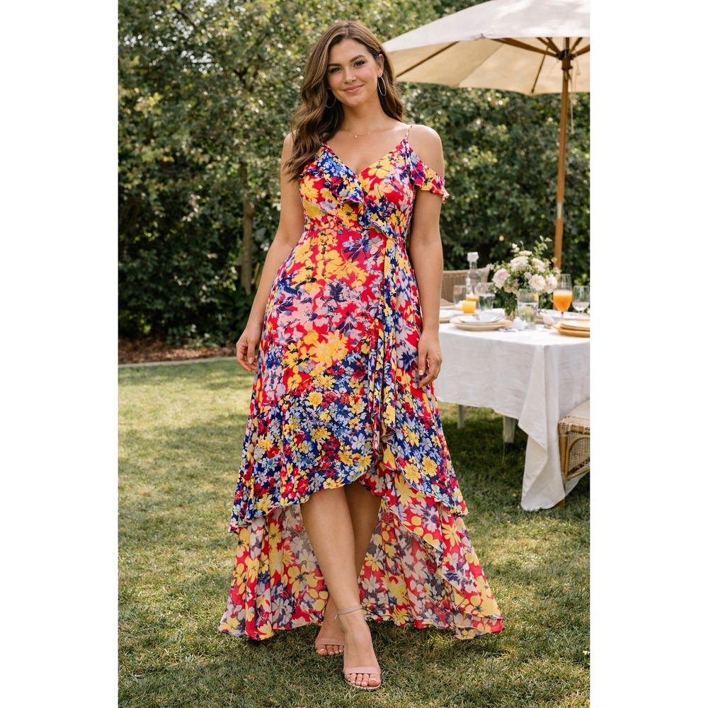 Lulus Maxi Dress Floral High-LowRuby Red Ruffle Cold Shoulder Medum - Picture 16 of 16